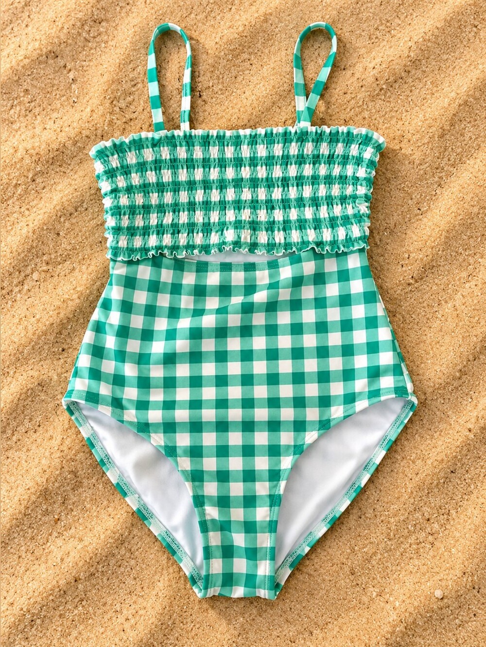 Cat & Jack Girls L 10/12 Green Gingham One Piece Swimsuit